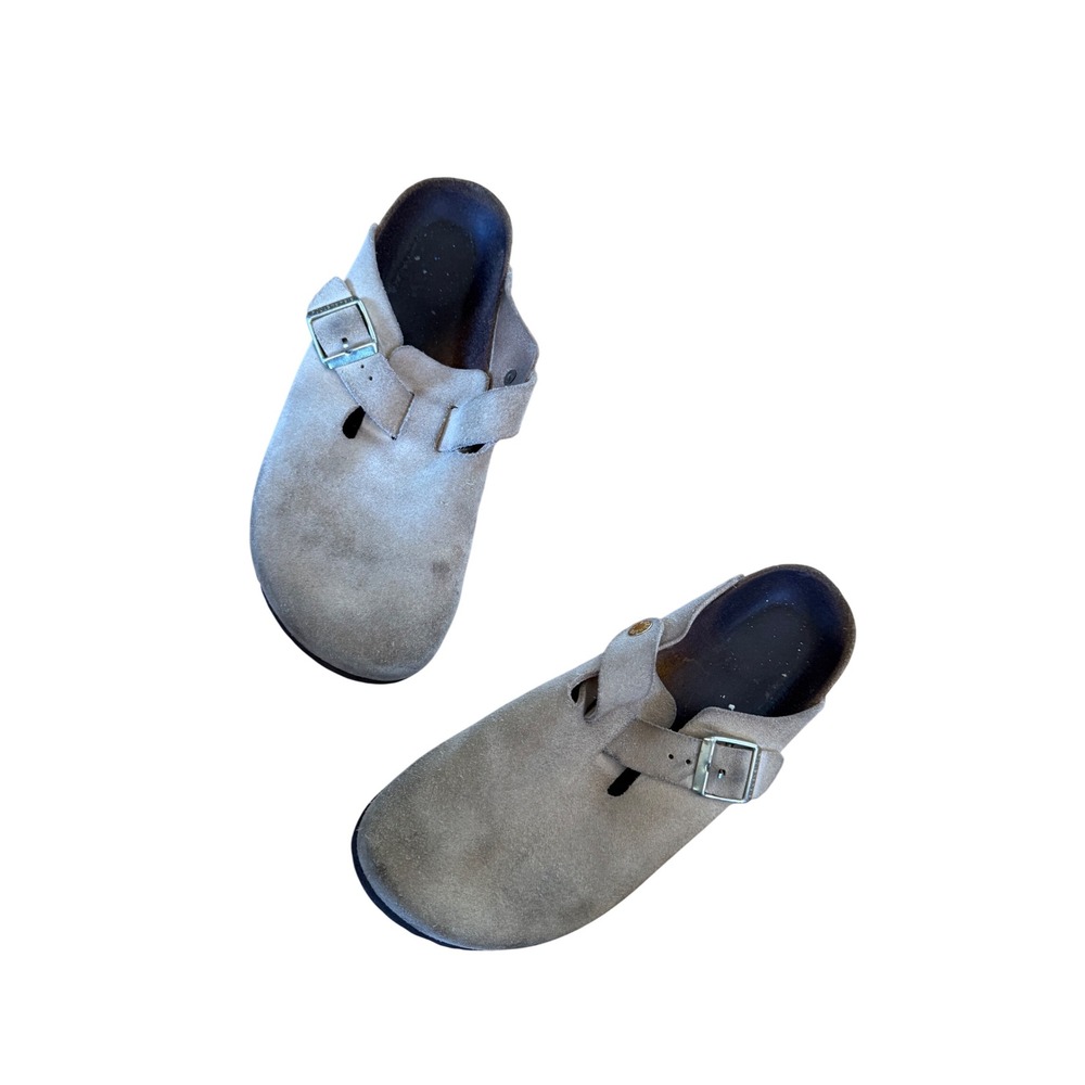 Birkenstock Boston Clogs Taupe Suede Adjustable Strap Slip On Shoes
